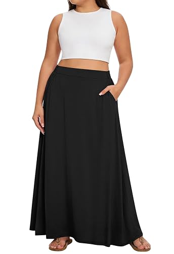 Women's Plus Size Maxi Skirt Casual A-Line Flowy Long XL-5XL | Elastic High Waisted with Pockets
